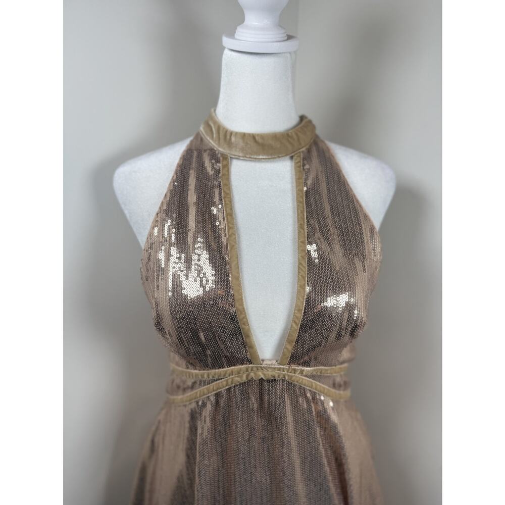 Free People Gold Sequin Sleeveless Dress Size 4 Party Lowcut Sparkle Boho - Picture 15 of 15